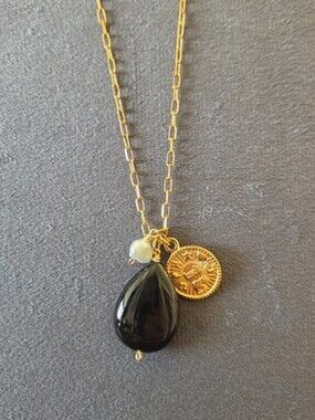 Mayamar Chain Charm Necklace 24k Gold Plated Pearl Luck Charm Tear Drop Stone...